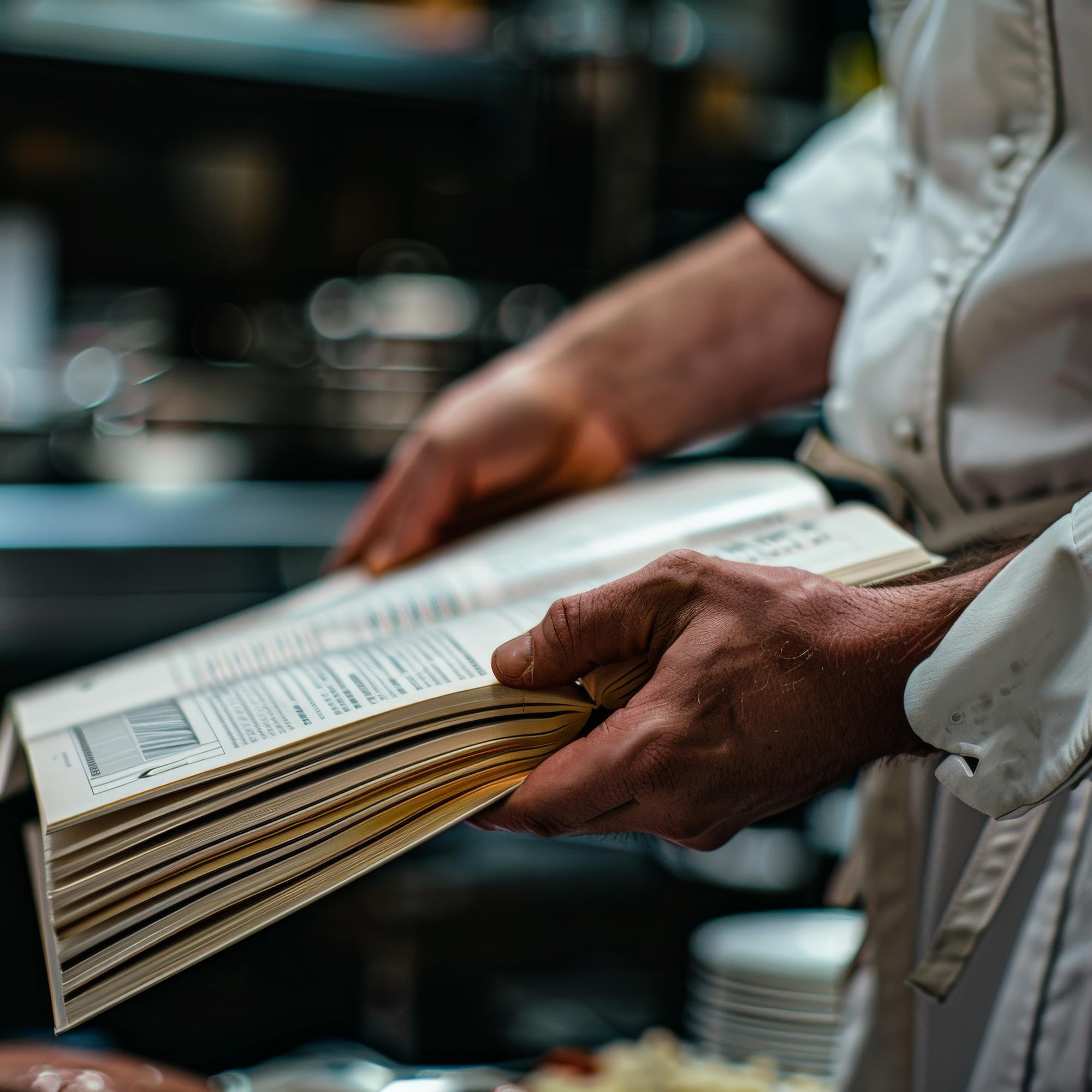 Chef hands with notes and scales documenting ingredients